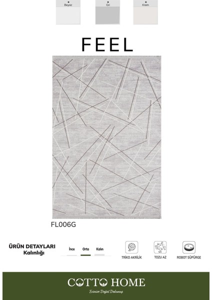 Feel FL006G Gri Halı Çizgili Desen Akrilik Tozu Az Pamuk Taban Salon Halısı Yatak Odası Koridor