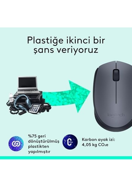 M170 Kablosuz Mouse, Pc, Mac, Dizüstü Bilgisayar Için, 2,4 Ghz, USB Mini Alıcılı, Optik Izleme, 12 Aylık Pil Ömrü, Sağ ve Sol Elle Kullanıma Uygun, Gri