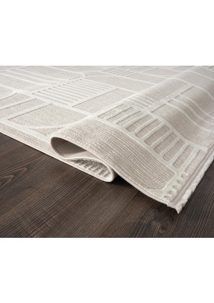 Tablo TL008A Beyaz Halı Geometrik Desen Antialerjik Pamuk Taban Yıkanabilir Salon Halısı Yatak Odası