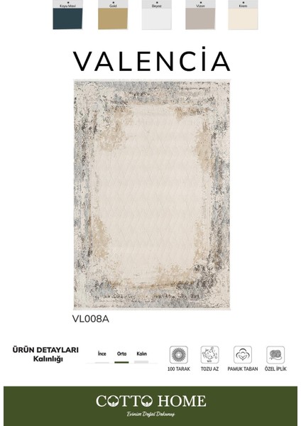 Valencıa VL008A Modern Desen Krem Halı Özel Akrilik Iplikli Pamuk Taban Tozu Az Salon Mutfak Halısı