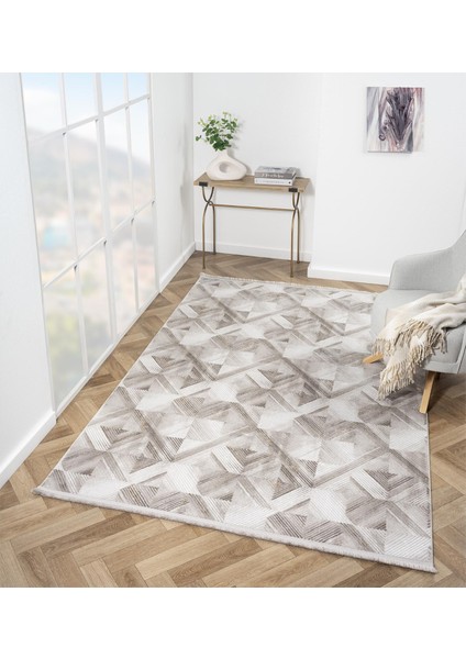 Loya LY007B Vizon Halı Geometrik Desenli Antialerjik Pamuk Taban Salon Halısı Yatak Odası Koridor