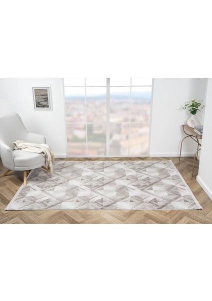 Loya LY007B Vizon Halı Geometrik Desenli Antialerjik Pamuk Taban Salon Halısı Yatak Odası Koridor