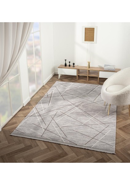 Feel FL006G Gri Halı Çizgili Desen Akrilik Tozu Az Pamuk Taban Salon Halısı Yatak Odası Koridor