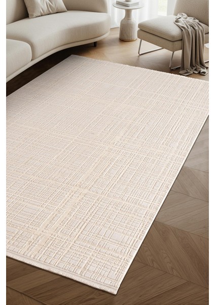 Crown CR006W Bej Halı Modern Detaylı Pamuk Taban Akrilik Tozuaz Salon Yatak Odası Koridor Halısı