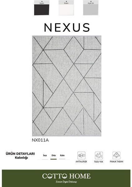 Nexus NX011A Gri Halı Geometrik Desen Antialerjik Pamuk Taban Salon Halısı Yatak Odası Koridor