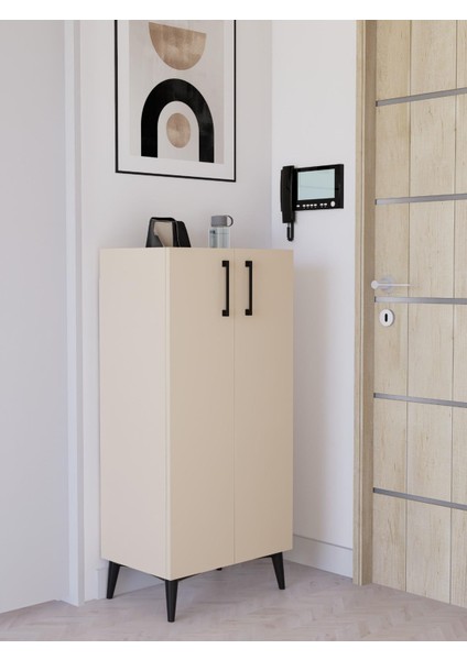 4 Raflı Kapaklı Ahşap Ayakkabılık | Modern Dresuar | Kiler Dolabı, Çok Amaçlı Dolap, Vizon, %100 Mdf (AYK02)