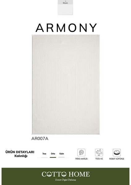 Armony AR007A Beyaz Halı Modern Desen Akrilik Pamuk Taban Tozu Az Salon Halısı Yatak Odası Koridor
