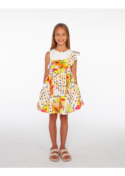 Papaya Desenli, Rahat Kalıp Kız Çocuk Elbise