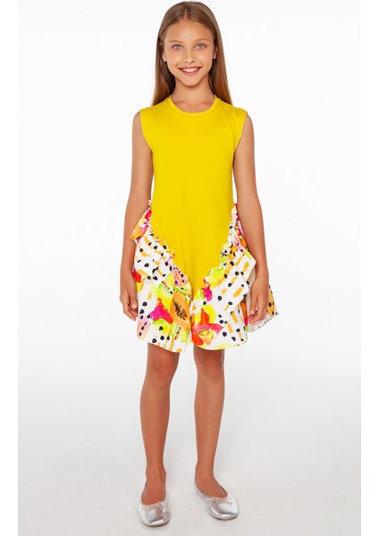Hardal Rengi Örme Etek Ucu Desenli Kız Elbise