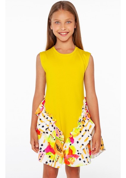 Hardal Rengi Örme Etek Ucu Desenli Kız Elbise fiyatları