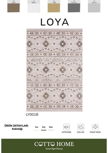 Loya LY001B Vizon Halı Etnik Desen Antialerjik Tozu Yok Pamuk Taban Salon Halısı Yatak Odası Koridor