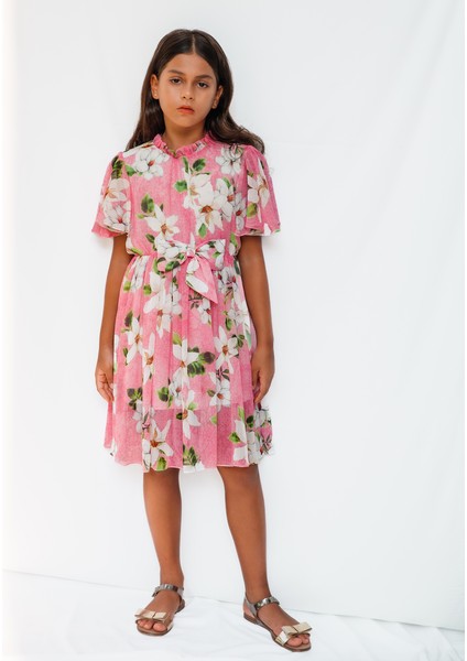 Pembe Çiçek Desenli Şifon Kız Çocuk Elbise