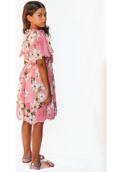 Pembe Çiçek Desenli Şifon Kız Çocuk Elbise fiyatları