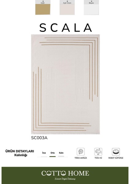 Scala SC003A Beyaz Halı Modern Desenli Tozu Az Akrilik Salon Halısı Yatak Odası Mutfak Koridor