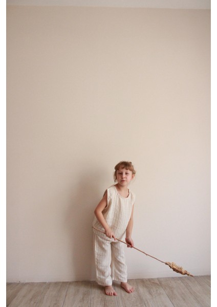 Bej Çizgili Asimetrik Cepli Müslin Takım indirimleri