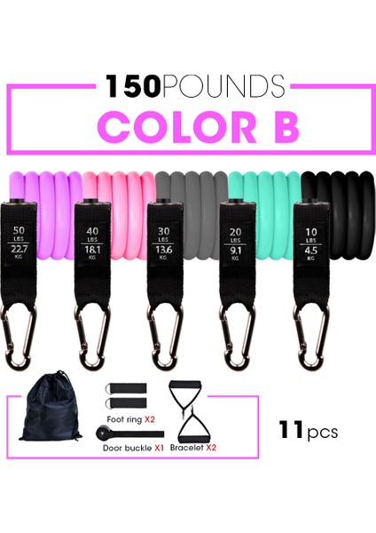150LBS-11PCS-RENK B Stili Adet Fitness Direnç Tüp Bandı Yoga Salonu Streç Çekme Halatı Egzersiz Eğitimi Genişletici Kapı Çapa Kolu Ayak Bileği Kayışı (Yurt Dışından)