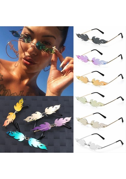 Kırmızı Stil Yeni Moda Ateş Alev Güneş Gözlüğü Dalga Çerçevesiz Dar Retro Uv Treetwear Vintage Gözlük Bisiklet Dış Mekan Aksesuarları (Yurt Dışından)