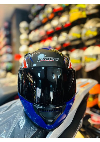 Fazer Siyah Vizör Rush Blue Red White Full Face Güneş Vizörlü Motosiklet Kaskı