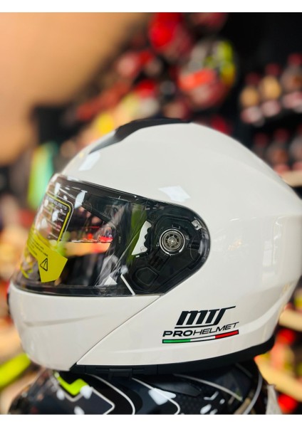 966 White Çene Açılır Güneş Vizörlü Motosiklet Kaskı (Beyaz)