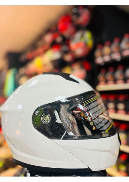 966 White Çene Açılır Güneş Vizörlü Motosiklet Kaskı (Beyaz)
