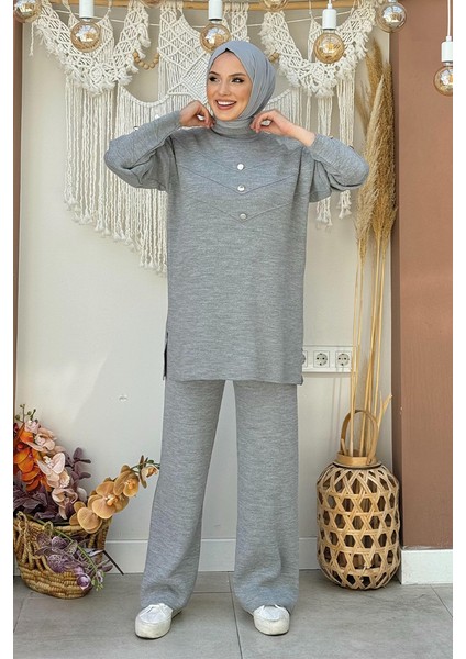 Düğme Detaylı Tunik ve Pantolon Ikili Triko Takım 2-1530 Gri