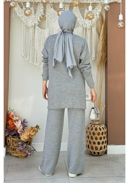 Düğme Detaylı Tunik ve Pantolon Ikili Triko Takım 2-1530 Gri fiyatları