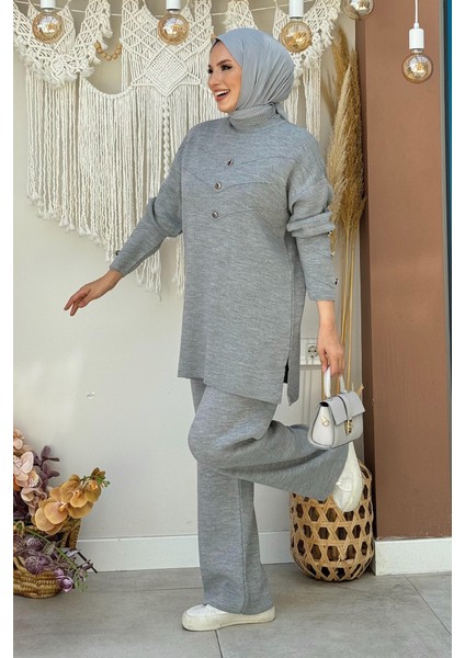 Düğme Detaylı Tunik ve Pantolon Ikili Triko Takım 2-1530 Gri modelleri