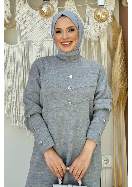Düğme Detaylı Tunik ve Pantolon Ikili Triko Takım 2-1530 Gri fırsatları