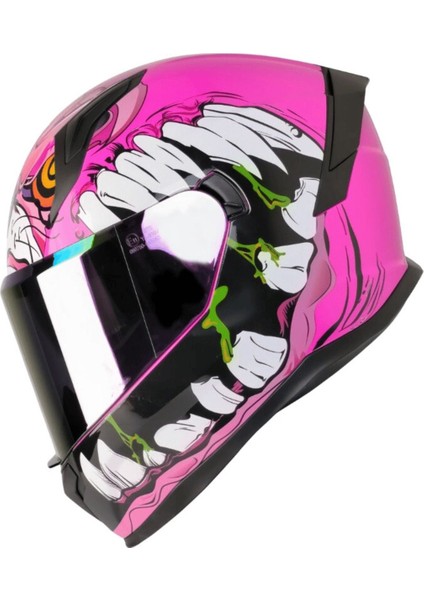 M 910 Lady Horus Lady Tam Pembe Kask (Renkli Vizör)