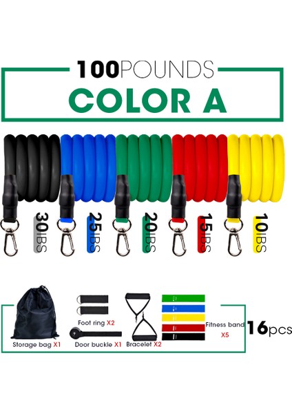 100LBS-16PCS-RENK A Stili Adet Fitness Direnç Tüp Bandı Yoga Salonu Streç Çekme Halatı Egzersiz Eğitimi Genişletici Kapı Çapa Kolu Ayak Bileği Kayışı (Yurt Dışından)