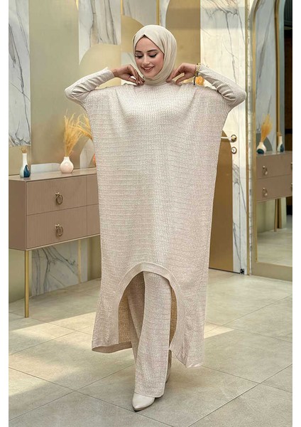 Uzun Tunik ve Pantolon Ikili Triko Takım 12157 Taş