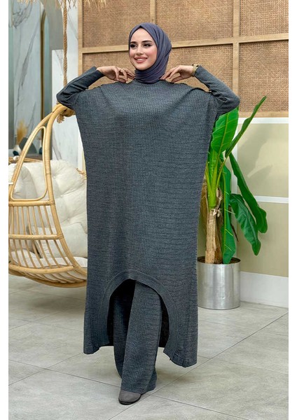 Uzun Tunik ve Pantolon Ikili Triko Takım 12157 Füme