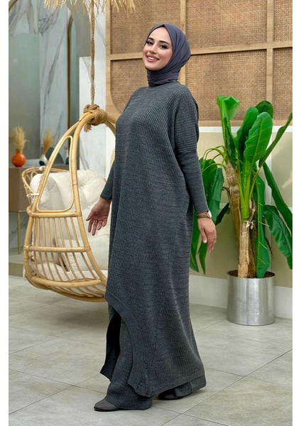 Uzun Tunik ve Pantolon Ikili Triko Takım 12157 Füme modelleri
