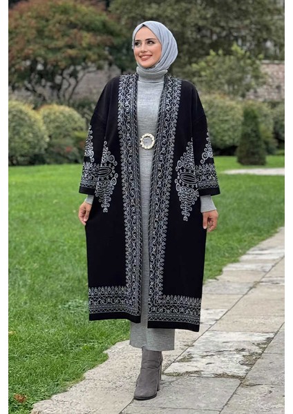 Simli Etnik Desen Işleme Detaylı Triko Hırka 18189 Siyah-Gümüş