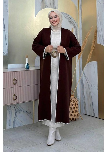 Yanları Yırtmaç Detaylı Triko Hırka 18204 Kahve-Taş