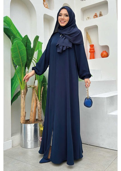 Fermuarlı Kol Manşetleri Büzgülü Mevlana Ferace 6007 Lacivert modelleri