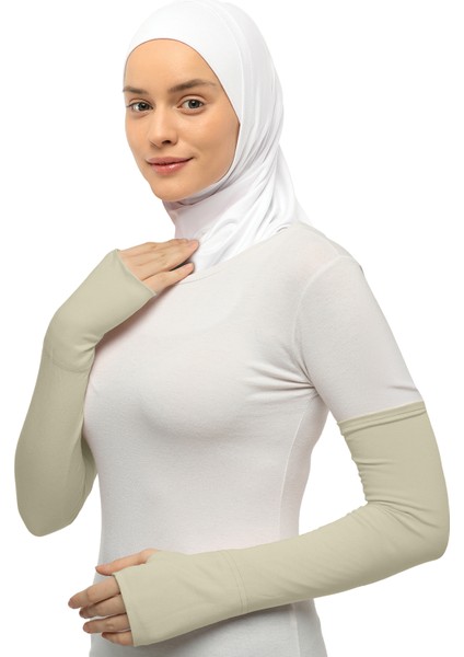Kesik Parmak Geçmeli Penye Tesettür Kolluk - Krem