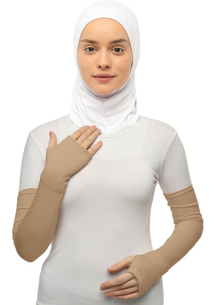 Parmak Geçmeli Penye Tesettür Kolluk Koyu Bej