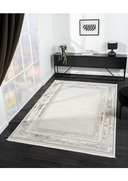 Feel FL003A Beyaz Halı Modern Çerçeve Desenli Akrilik Pamuk Taban Salon Halısı Yatak Odası Koridor