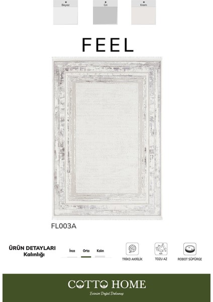 Feel FL003A Beyaz Halı Modern Çerçeve Desenli Akrilik Pamuk Taban Salon Halısı Yatak Odası Koridor
