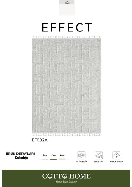 Effect EF002A Beyaz Halı Geometrik Desenli Antialerjik Jüt Taban Salon Halısı Yatak Odası Koridor