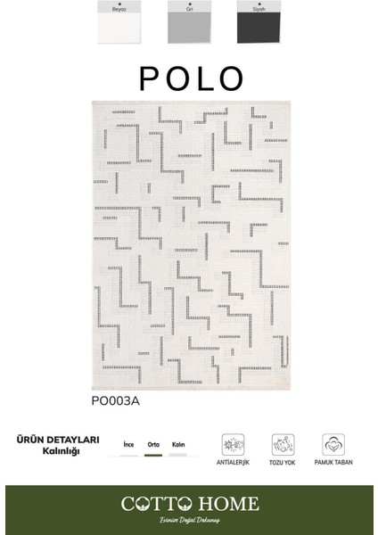 Polo PO003A Beyaz Halı Geometrik Desenli Antialerjik Pamuk Taban Salon Halısı Yatak Odası Koridor