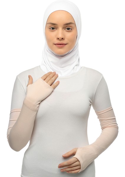 Parmak Geçmeli Penye Tesettür Kolluk Bej