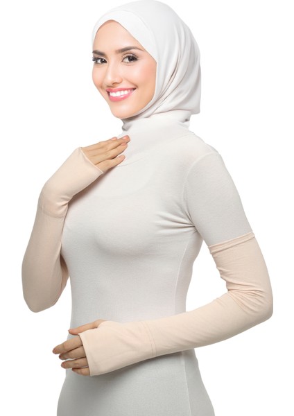 Parmak Geçmeli Penye Tesettür Kolluk Bej