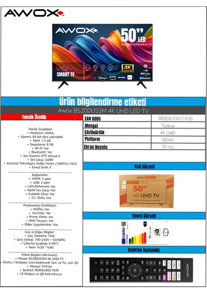 B235000 50" 127 Ekran Uydu Alıcılı 4K Ultra HD Smart LED TV