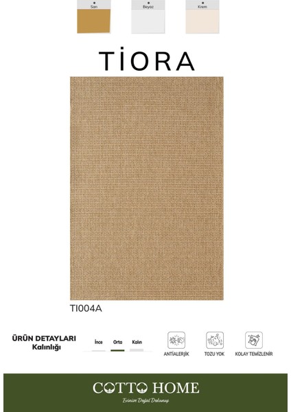 Tiora TI004A Bej Jüt Halı Naturel Sisal Örme Hasır Modern Yıkanabilir Dayanıklı Tozu Yok