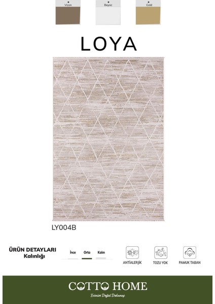 Loya LY004B Vizon Halı Iskandınav Desenli Antialerjik Pamuk Taban Salon Halısı Yatak Odası Koridor