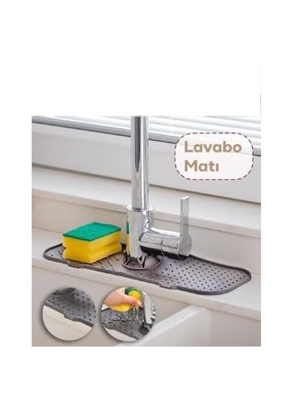 1 Adet Elastik Lavabo Matı Su Tutucu Düzenleyici Kaydırmaz Mutfak Tezgahı Koruma Banyo Matı Musluk Matı Antrasit Renk SEA154A