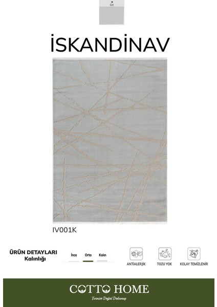 Iskandinav IV001K Gri Halı Bej Detaylı Modern Antialerjik Pamuk Taban Salon Halısı Yatak Odası