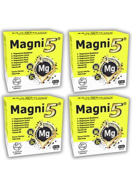 Magni5 Magnezyum 5 Etkili Form 3 Aylık 90 Kapsül B6 D3 Vitamini Bisglisinat Taurat Sitrat Malat Oksit4'lü
